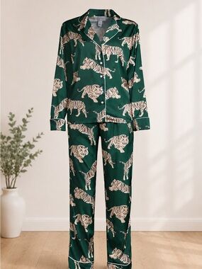 AVERIE - Emerald Green Satin Pajama Set with Cream Tiger Print (Large)